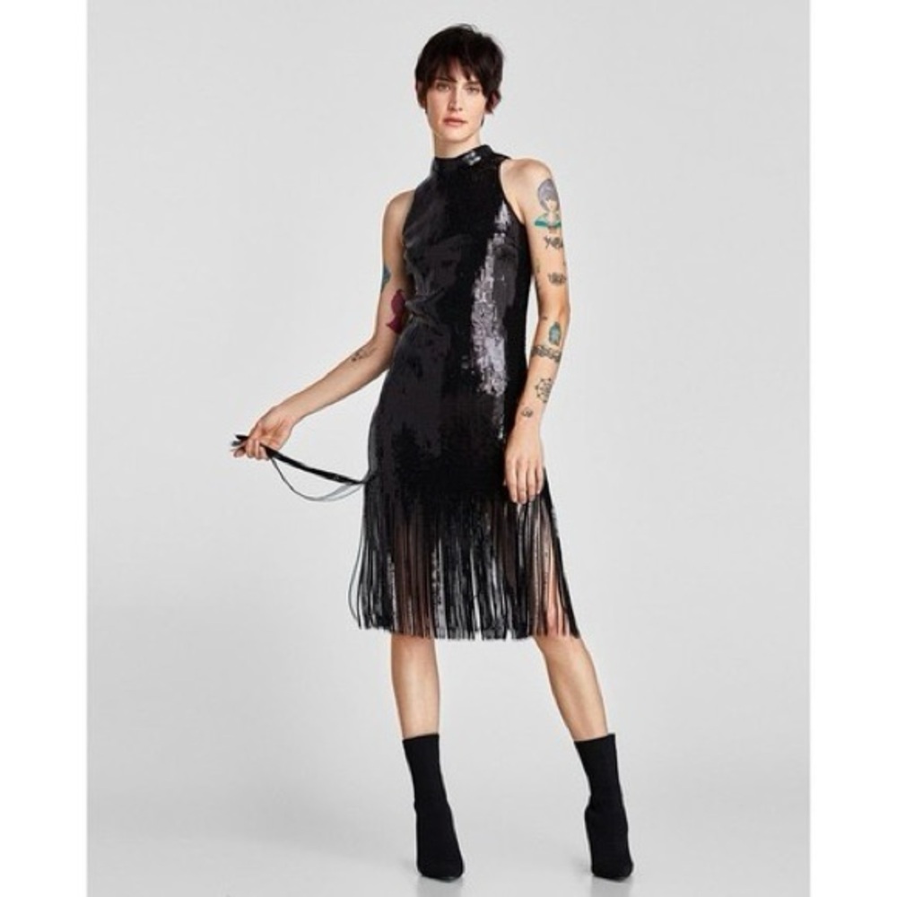 Zara Black Sequin Fringe Midi Dress perfect for parties
